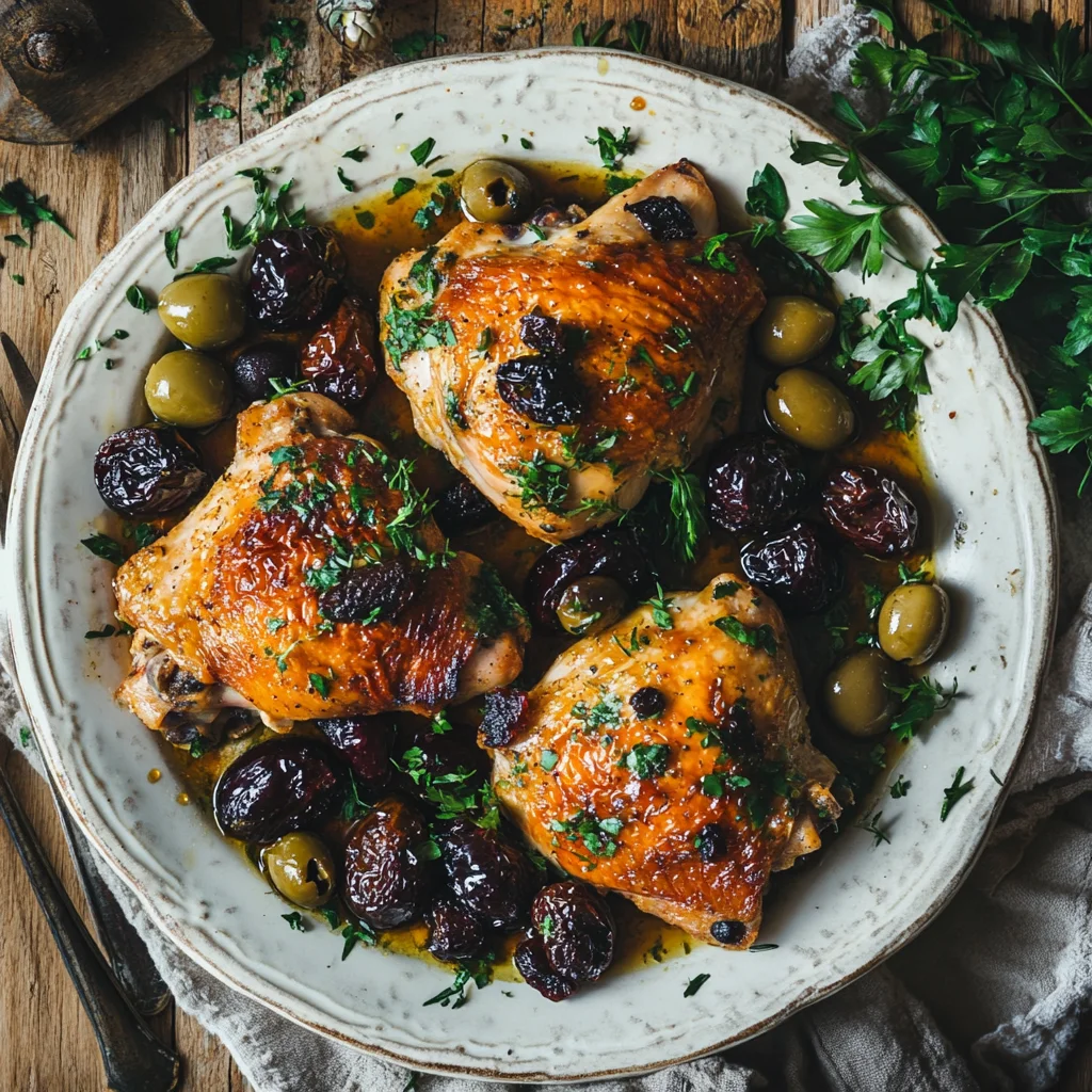 A beautifully plated Chicken Marbella featuring golden roasted chicken thighs, glossy prunes, olives, and capers, garnished with fresh herbs, displayed on a rustic Mediterranean-style kitchen backdrop