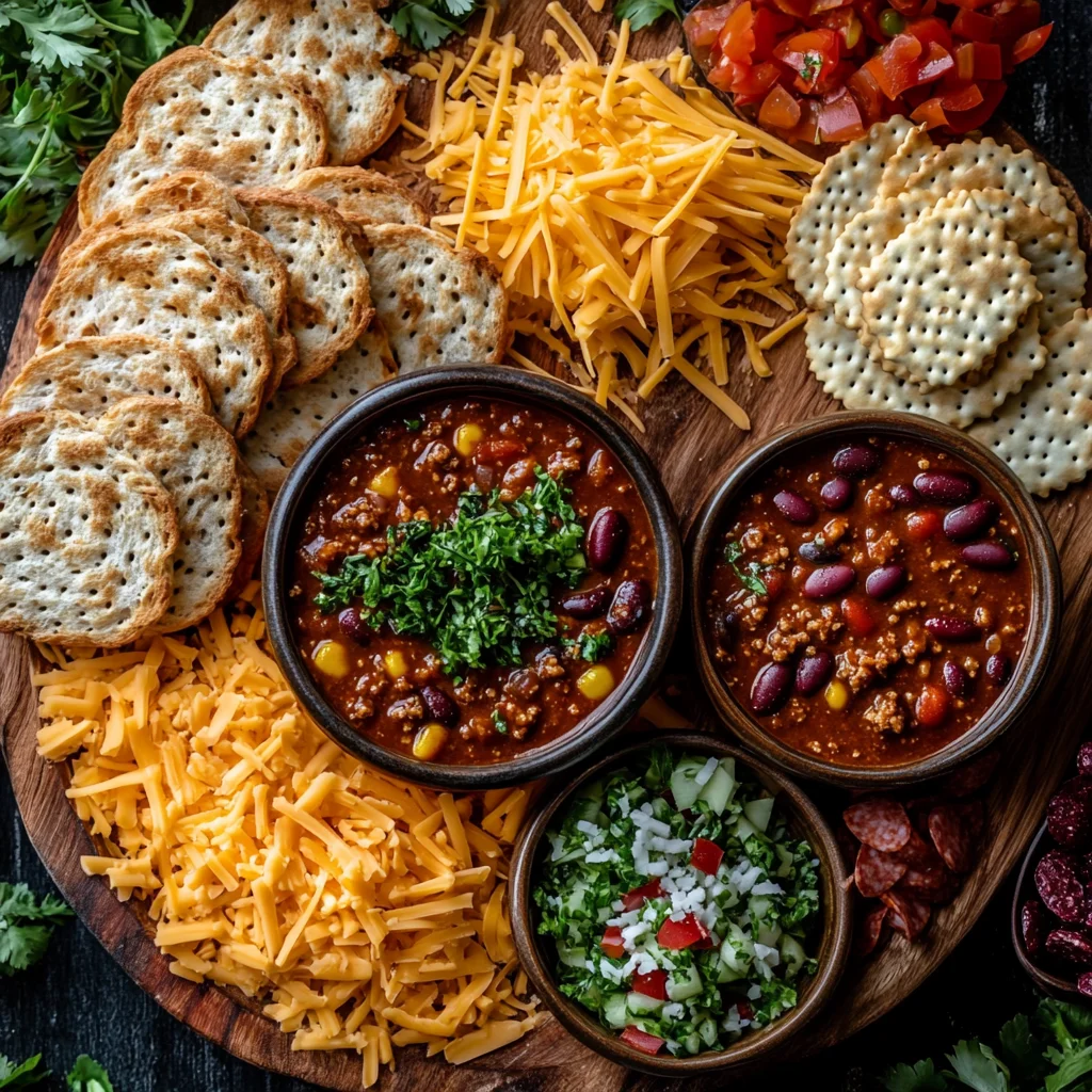 Close-up of a chili charcuterie board with chili in bowls, surrounded by chili toppings, shredded cheese, crackers, and sliced bread, highlighting vibrant colors and textures