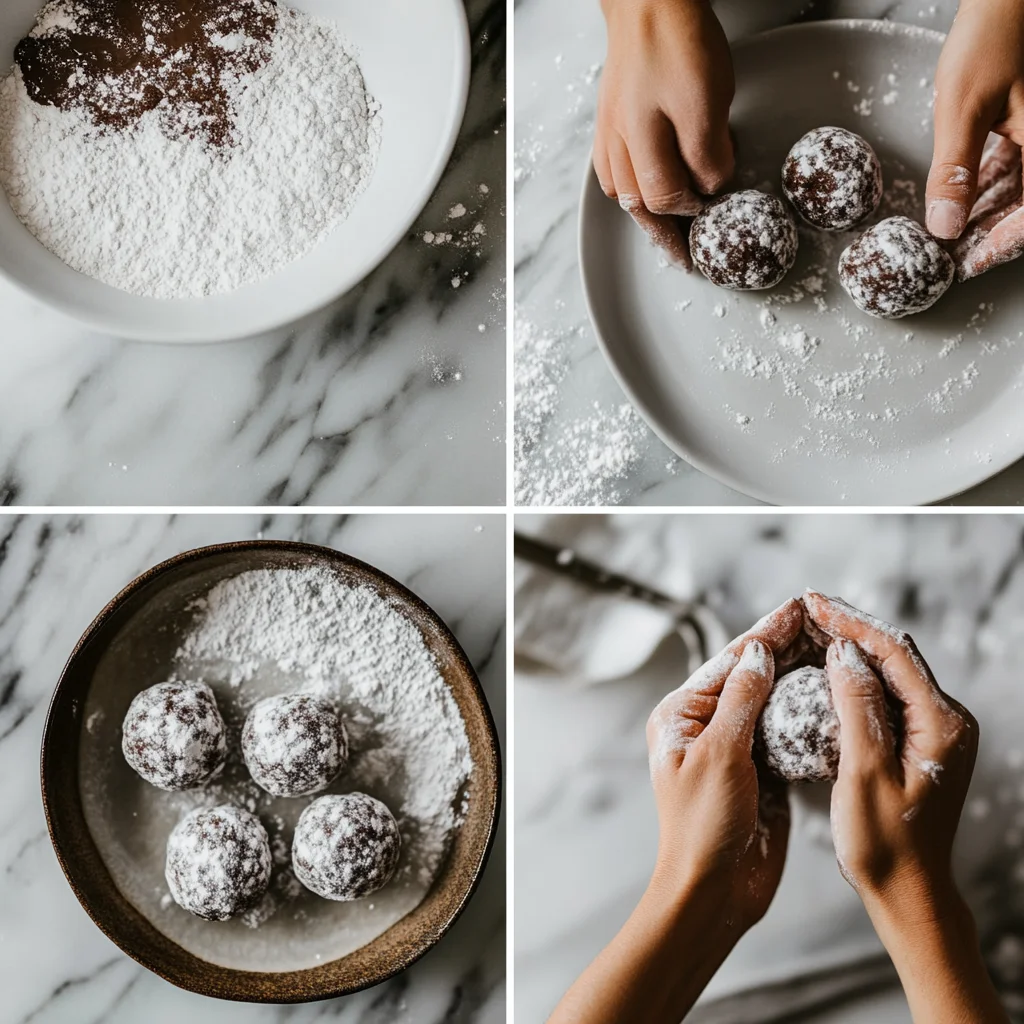 "An overhead shot of the process of rolling double chocolate crinkle cookie dough balls in powdered sugar. The image should show the hands gently rolling the dough, with a plate of sugar, and a clean kitchen countertop in the background. There should be a rustic, homemade feel to the scene