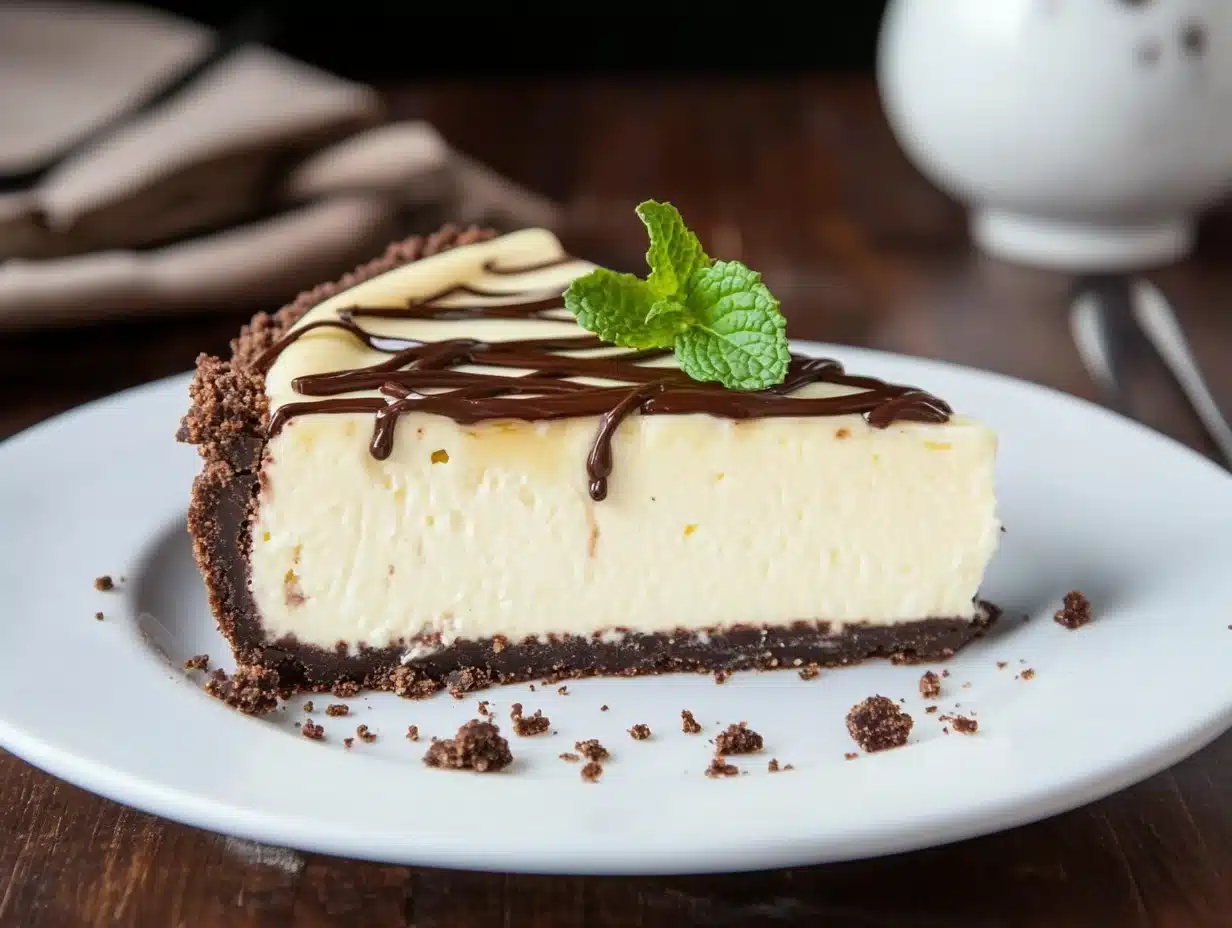 A homemade Grasshopper Pie with a creamy mint filling and chocolate drizzle