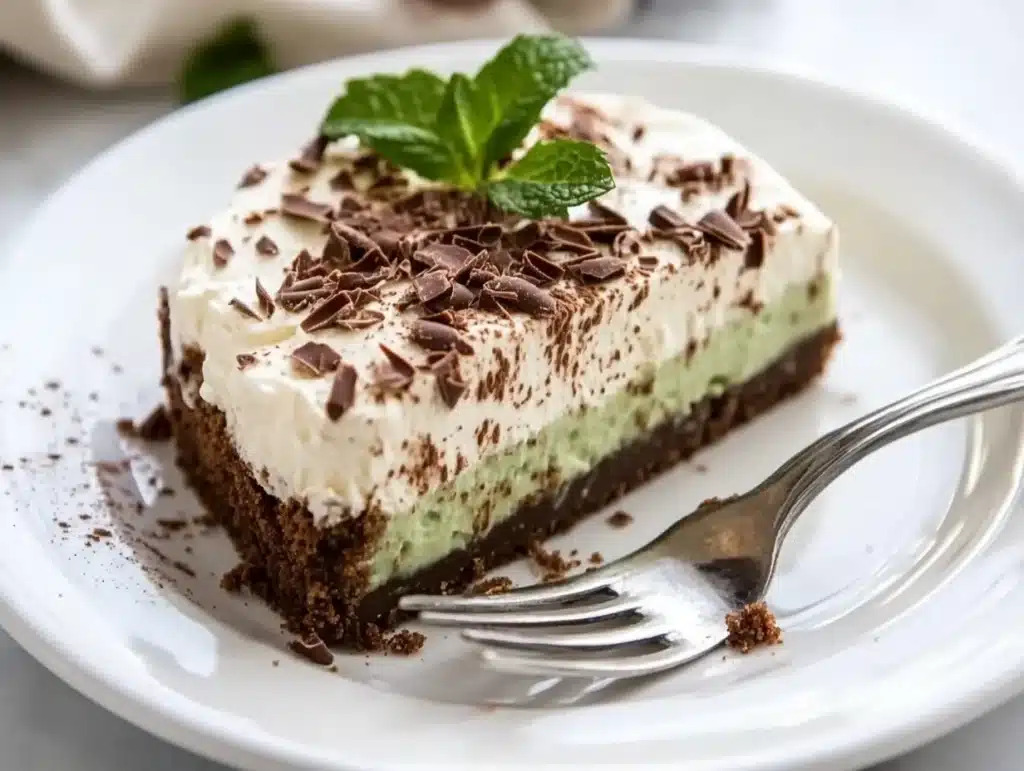 A slice of homemade Grasshopper Pie with a fork cutting through its creamy mint filling.