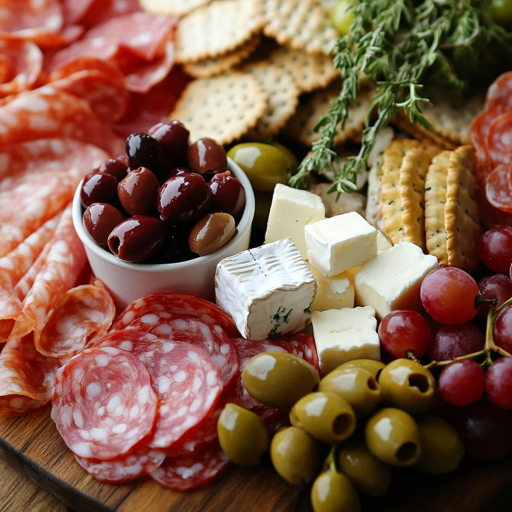 Close-up of a beautifully arranged charcuterie cup with meats, cheese, and fruits.