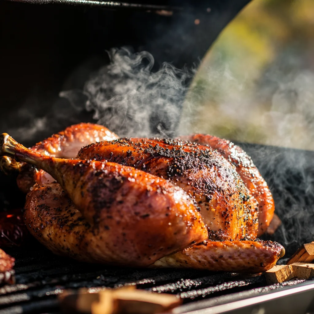 Close-up of a juicy smoked turkey with crispy skin, placed on a rustic wooden table. Seasonal vegetables like carrots, potatoes, and onions are arranged around the turkey, with smoke swirling gently in the back