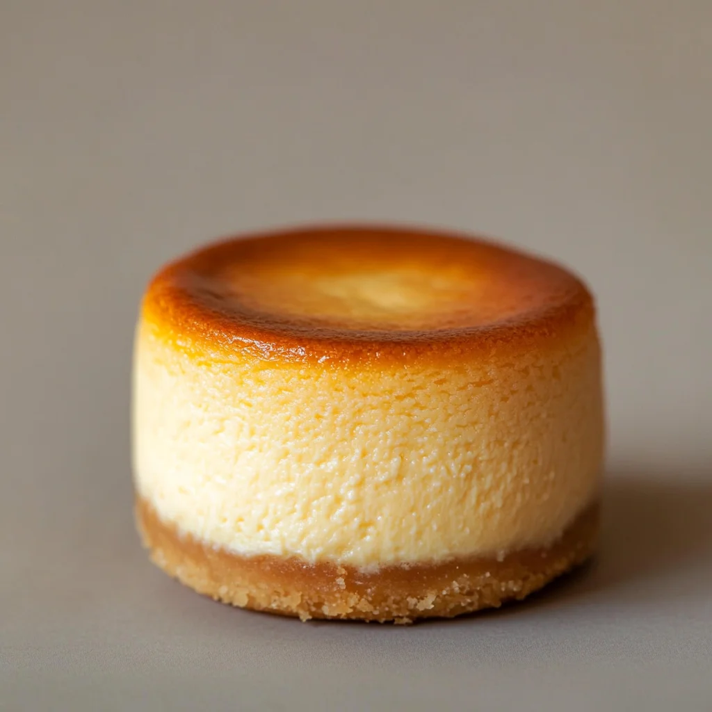 Close-up of a mini cheesecake with cracks and collapse, illustrating the effects of improper baking techniques or temperature control