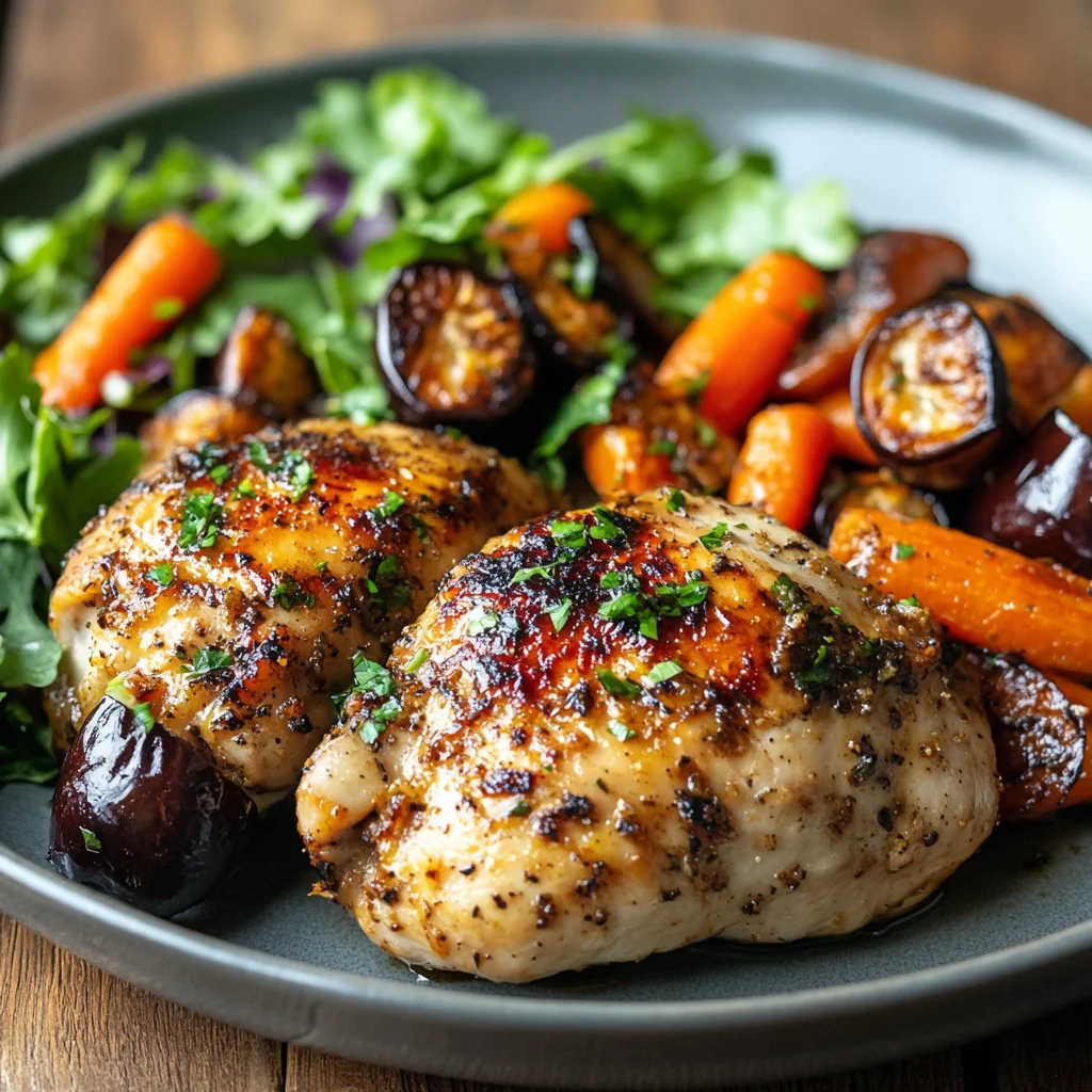 Close-up of a plate of Chicken Marbella paired with a side of roasted carrots, eggplant, and a crisp green salad. The rich, golden-brown chicken glistens, and the roasted vegetables add a colorful contrast, all set on a rustic wooden table.