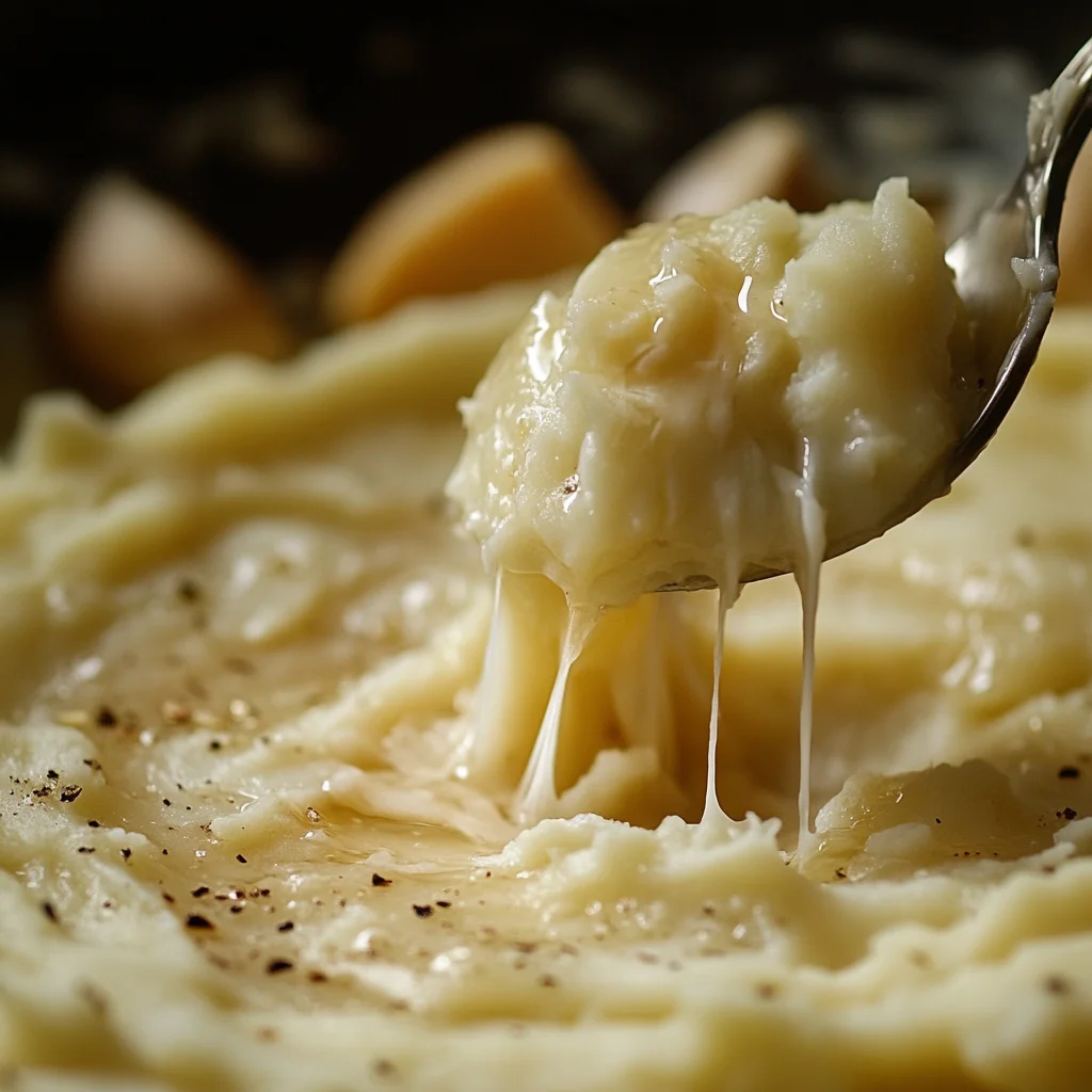 Close-up of a spoon scooping creamy cheesy garlic mashed potatoes