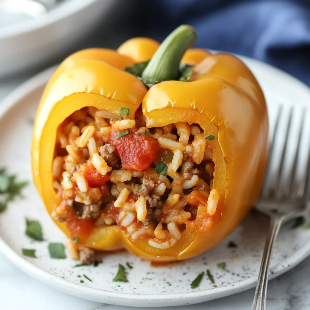 Close-up of a stuffed bell pepper sliced in half, revealing the savory ground beef, rice, and tomato filling