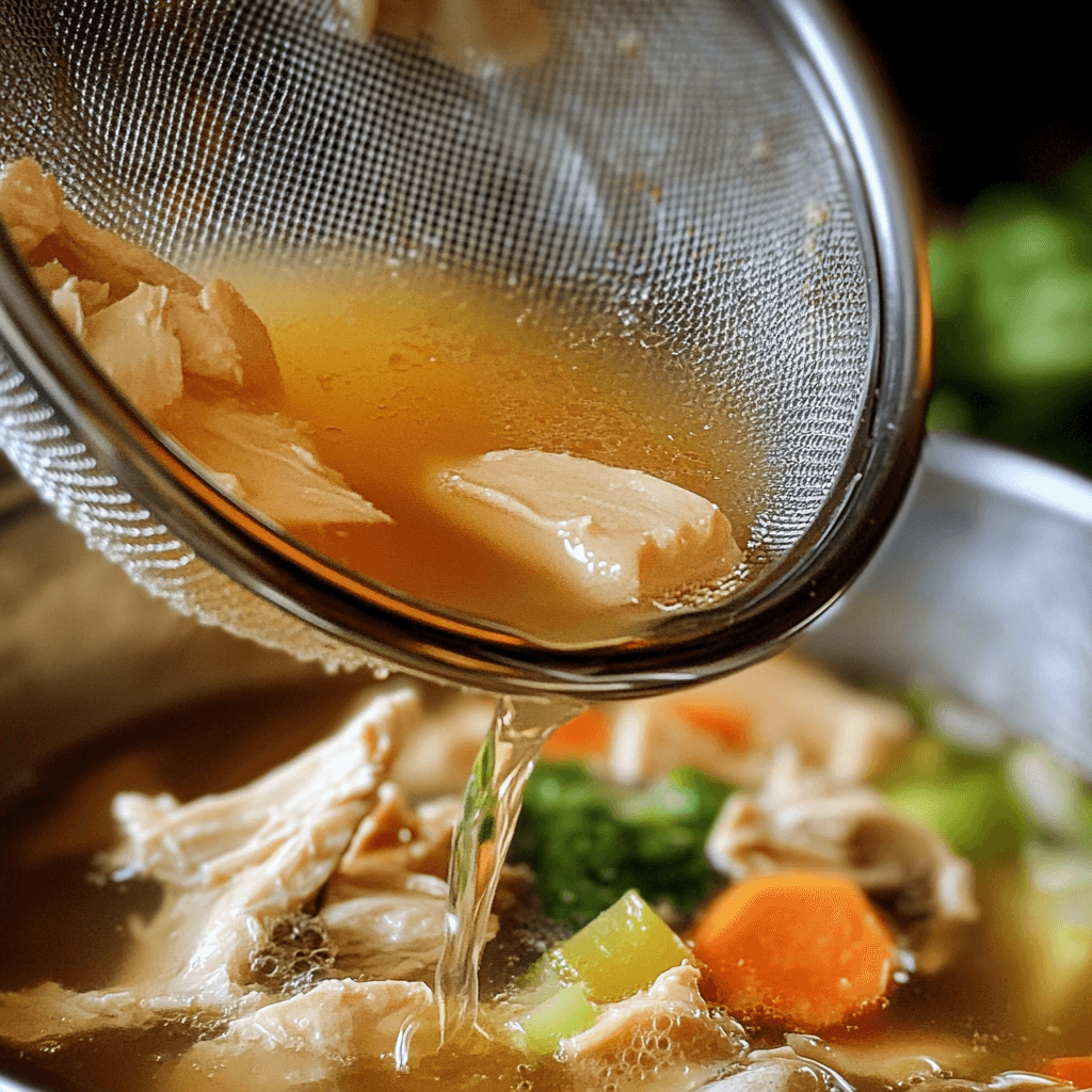 Straining chicken bone broth through a fine mesh sieve into a clear bowl, with the broth being poured and filtered