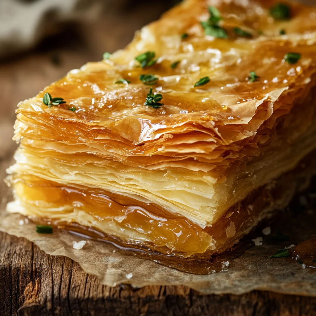 Close-up of crinkle cake with golden, crispy layers and syrup drizzle