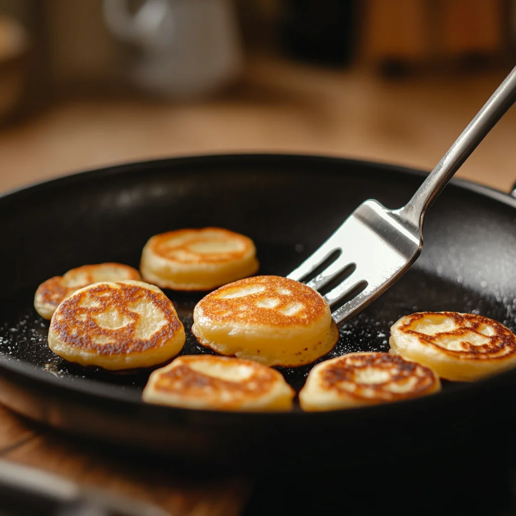 Close-up of mini pancakes cooking in a frying pan, with a spatula flipping them