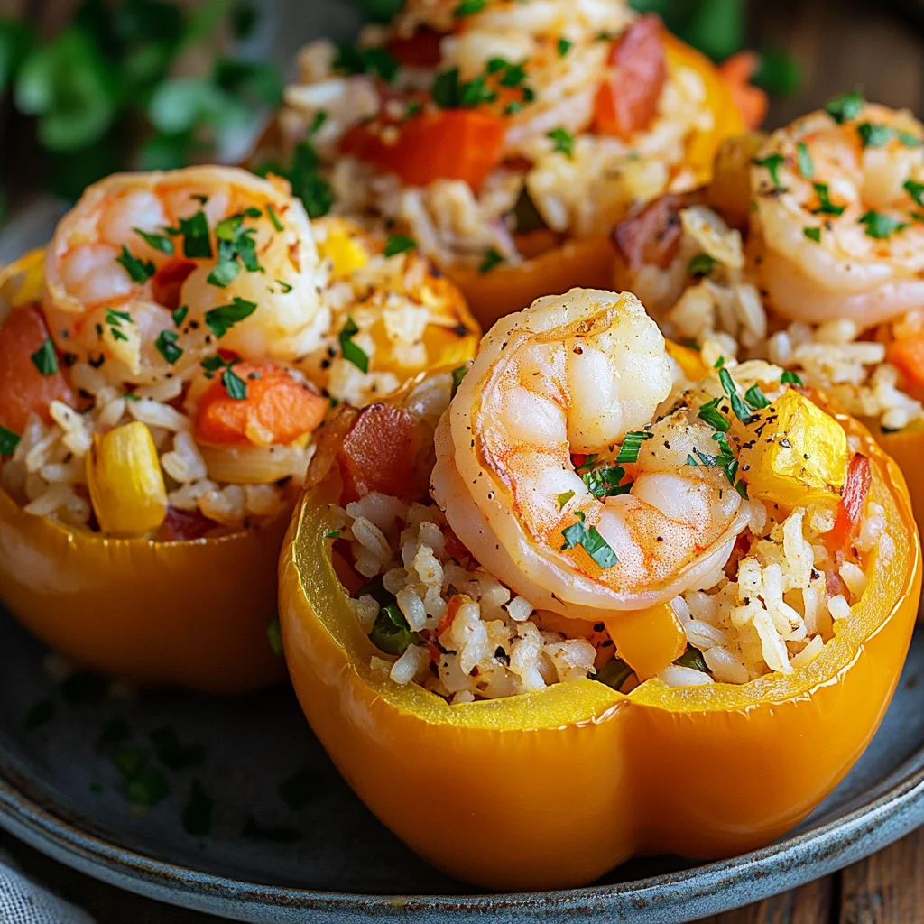 Close-up of the shrimp stuffed bell peppers cut in half, showing the rice, shrimp, and vegetables inside