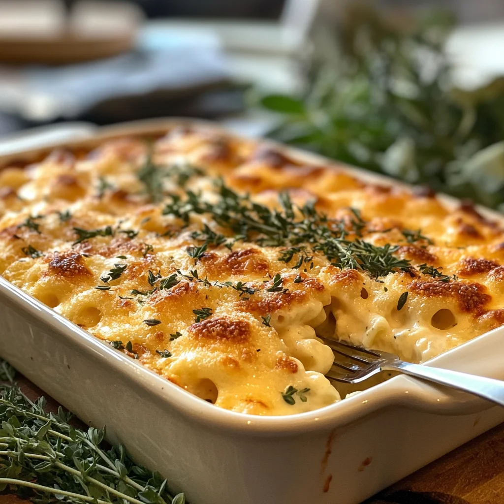 Close-up view of homemade baked macaroni and cheese in a baking dish with a crispy top layer, served with a fork.