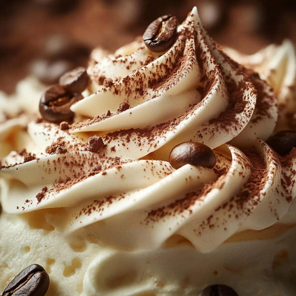 Coffee-infused whipped cream beautifully swirled on a decadent dessert, showcasing rich flavors of coffee and cream.