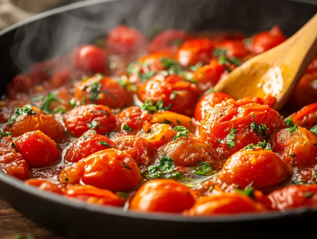 A skillet with fresh cherry tomato sauce and a wooden spoon