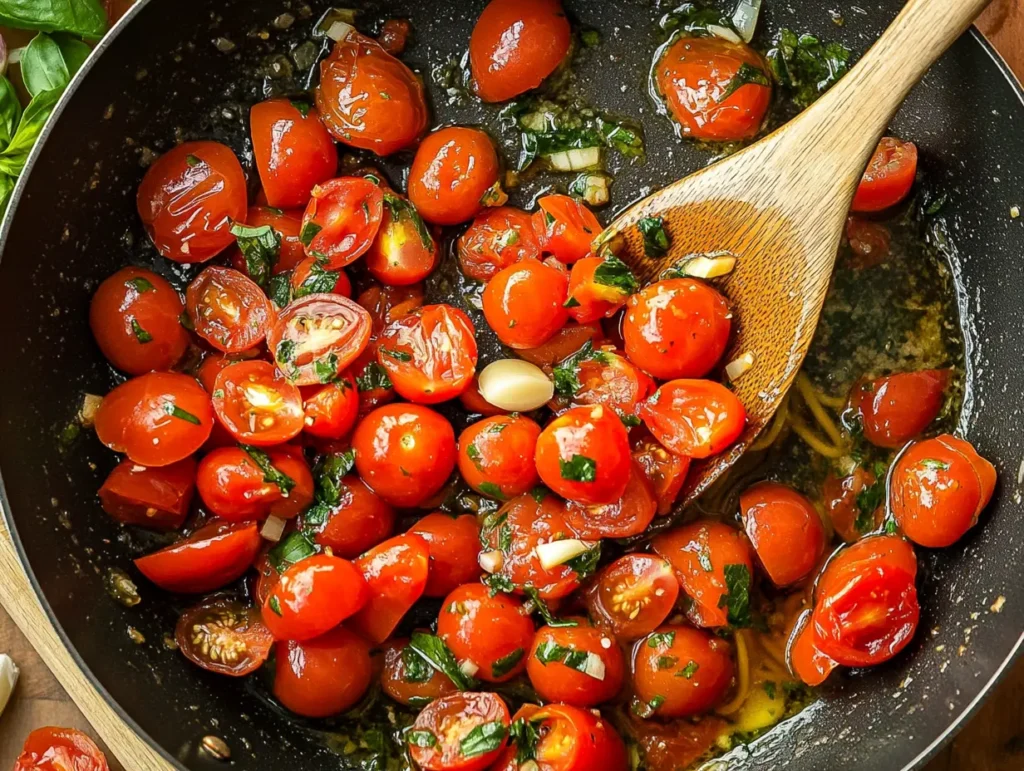 Close-up of halved cherry tomatoes bursting in a skillet with garlic and olive oil