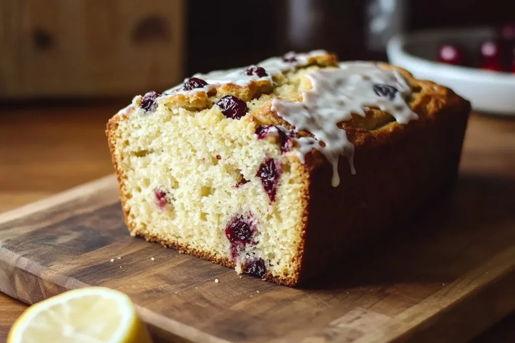 A loaf of cranberry bread with a golden-brown crust, studded with bright red cranberries. The bread is sliced, revealing a soft, moist interior with visible pieces of cranberries throughout.