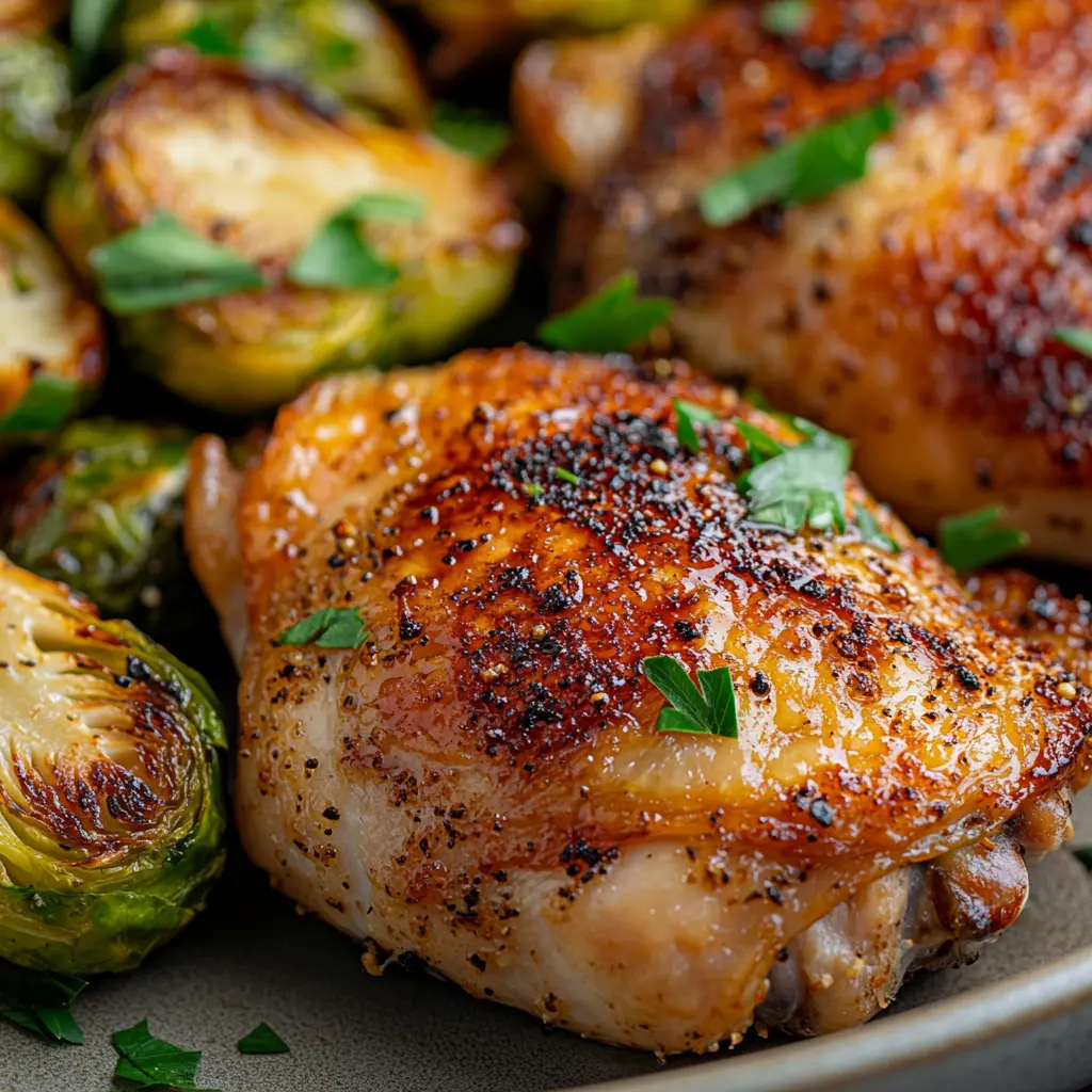 Crispy, golden-brown broiled chicken thighs with roasted Brussels sprouts, showcasing a perfect crispy exterior and juicy interior