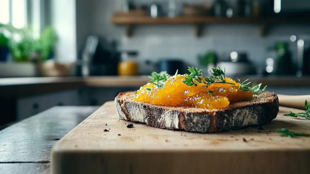 A Danish marmalade sandwich with vibrant garnishes, served on a wooden board in a cozy Scandinavian kitchen