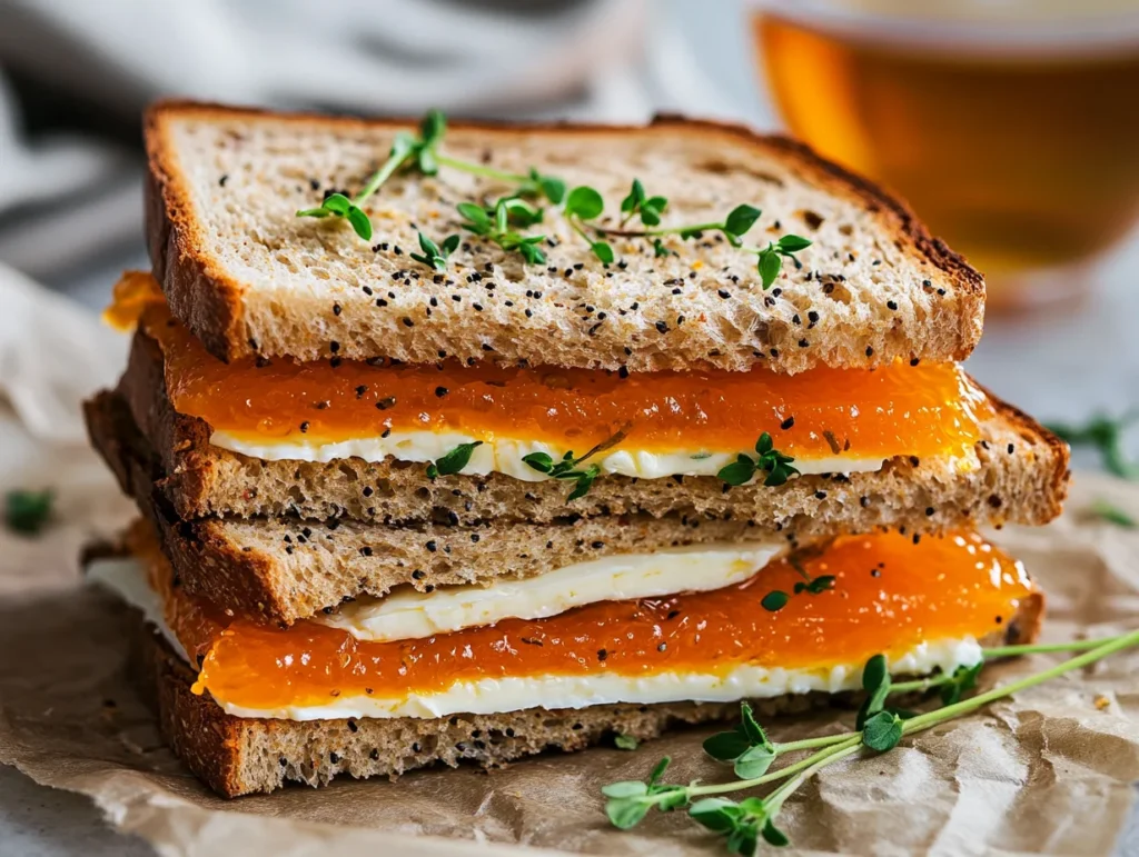 A cross-section of a Danish marmalade sandwich showcasing its rich textures and vibrant marmalade filling