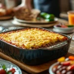 A hearty cowboy cornbread casserole served in a rustic kitchen, topped with a golden cornbread crust and surrounded by vegetables and beef