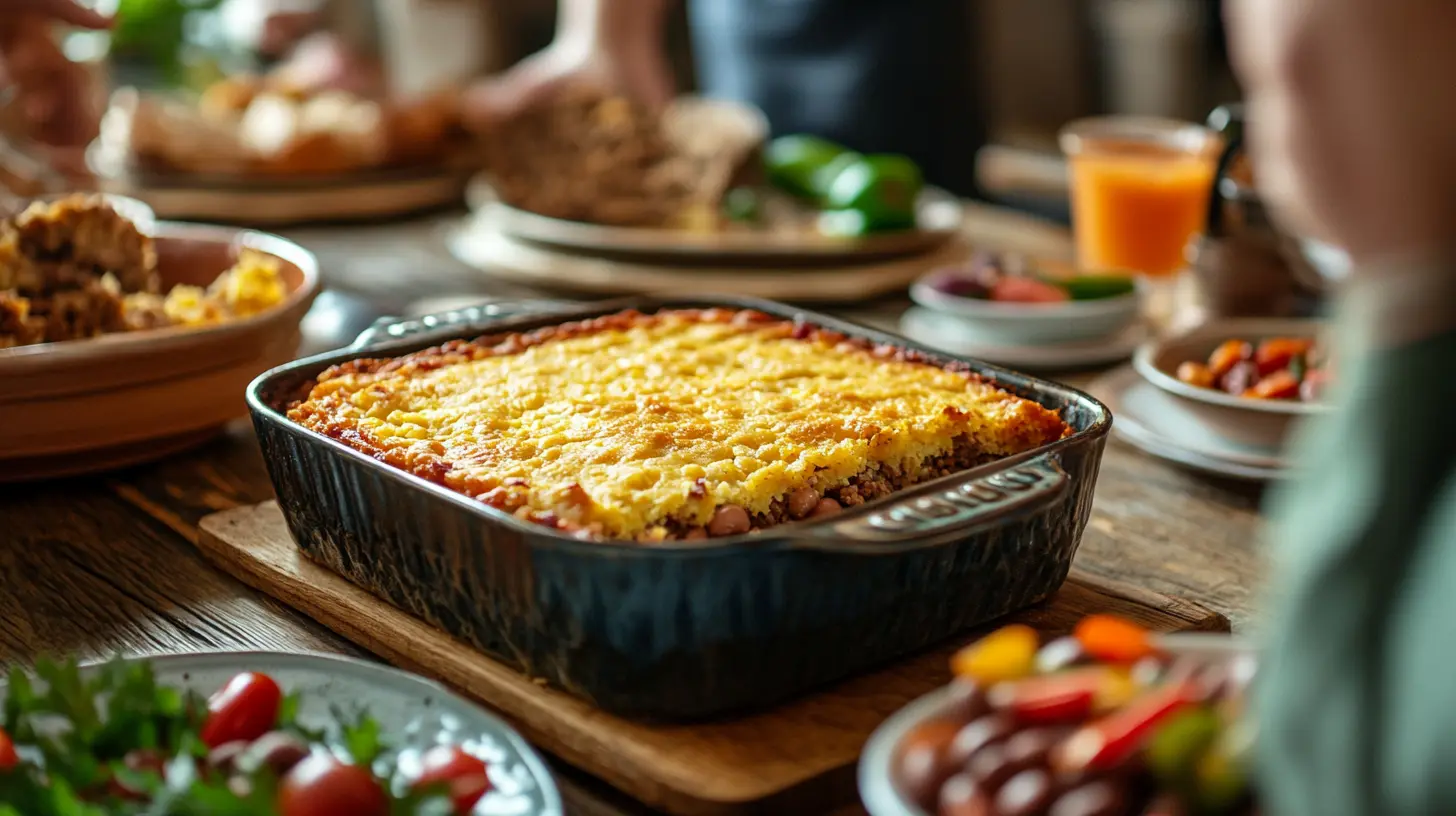 A hearty cowboy cornbread casserole served in a rustic kitchen, topped with a golden cornbread crust and surrounded by vegetables and beef