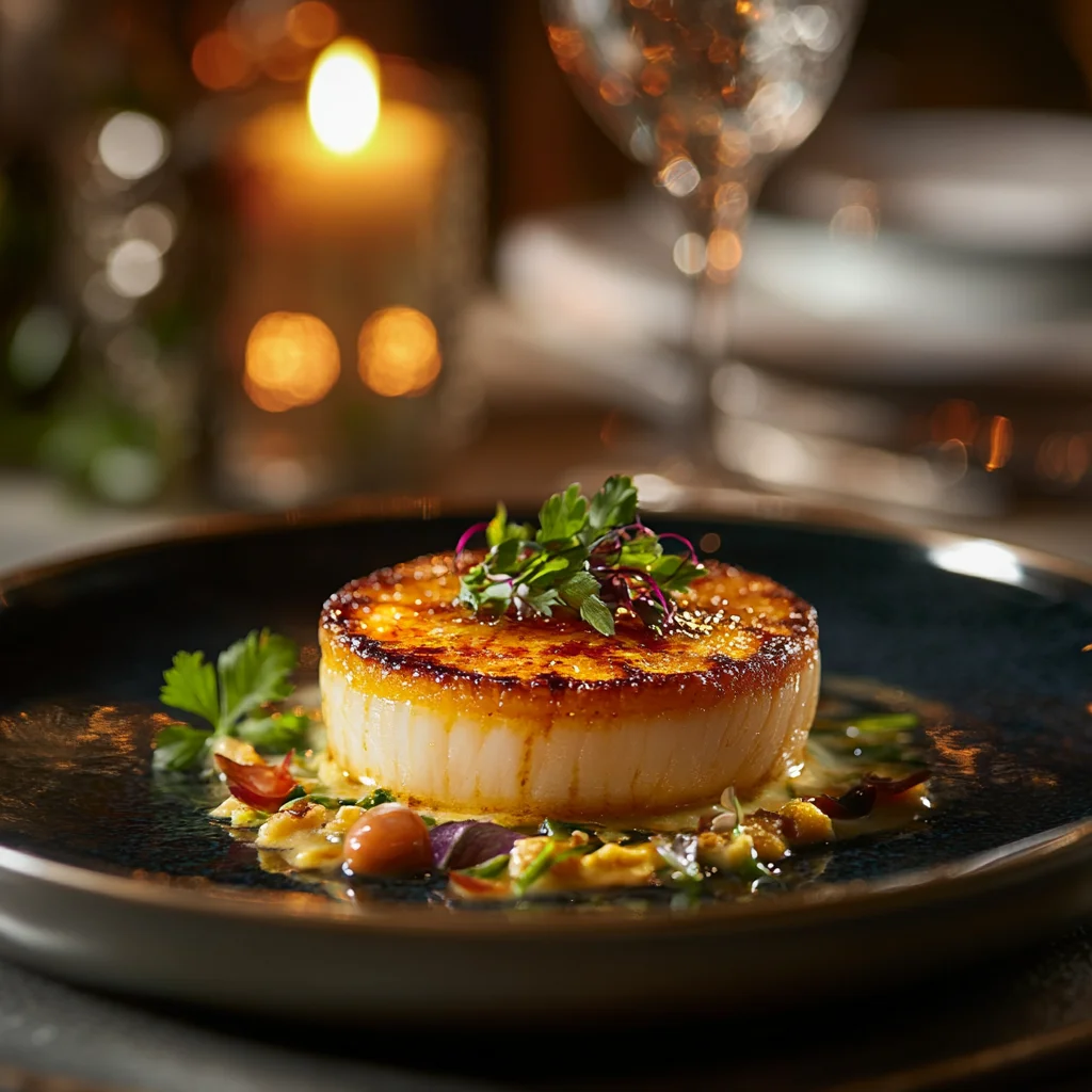 Delicious crab brûlée with a crispy caramelized topping, ready to be served