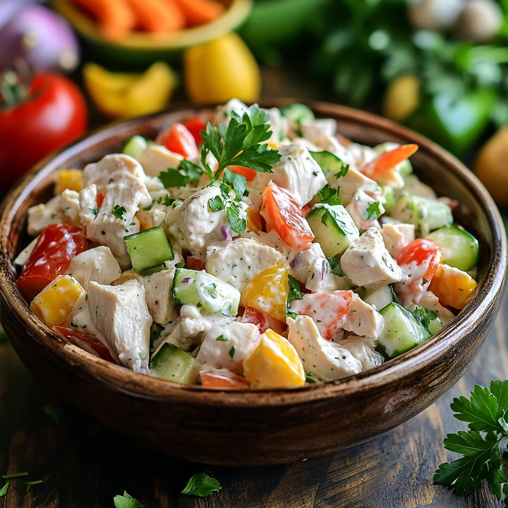 Delicious homemade canned chicken salad served with fresh vegetables, perfect for a healthy, quick meal