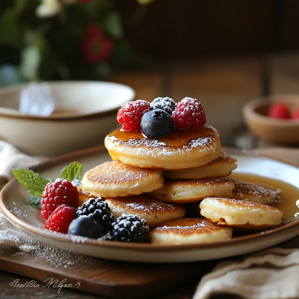 Delicious stack of mini pancakes with berries and syrup on a breakfast table