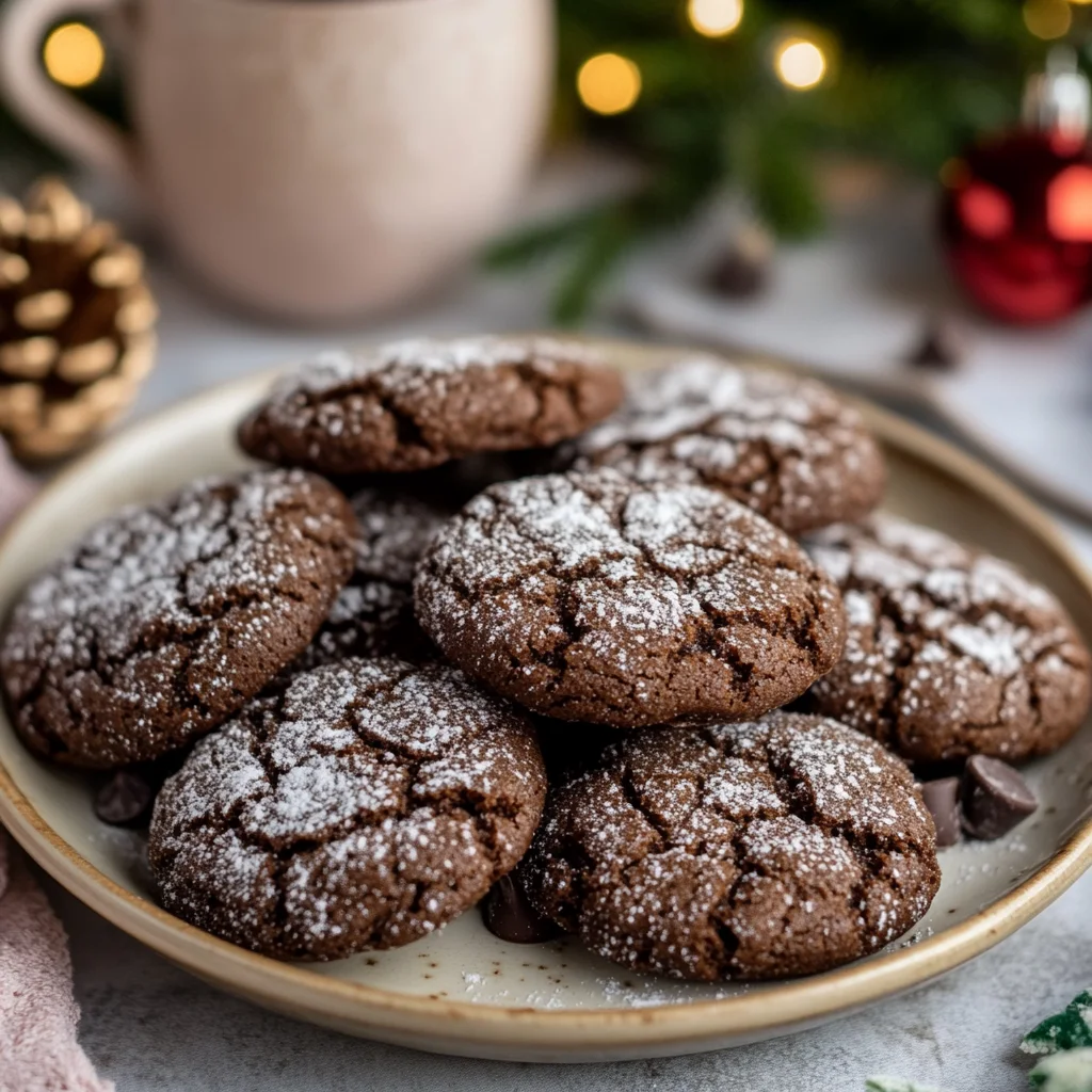 A close-up of a plate filled with freshly baked double chocolate crinkle cookies. The cookies should have a cracked, sugar-coated appearance, and some chocolate chips should be visible. The background should have a cozy, festive vibe, with soft lighting and perhaps a few decorative elements like a mug of hot cocoa or a few sprigs of holly for a Christmas touch.