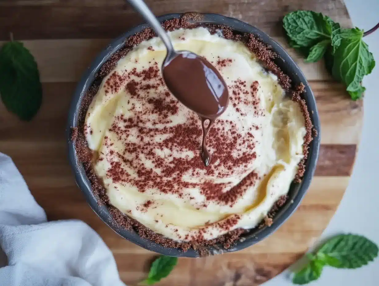 Melted chocolate being drizzled over a creamy mint pie filling.