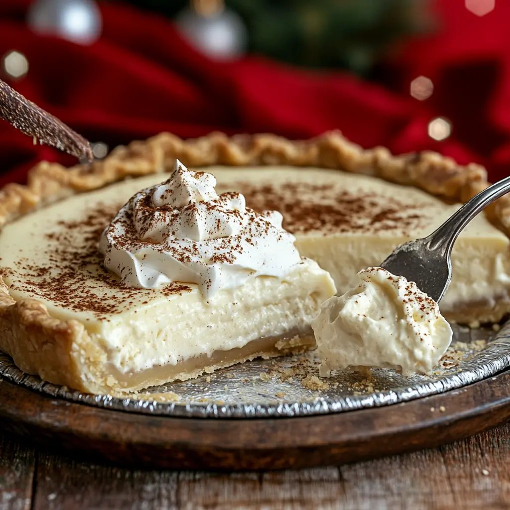 Close-up of an egg nog pie slice revealing its creamy texture and garnishes.