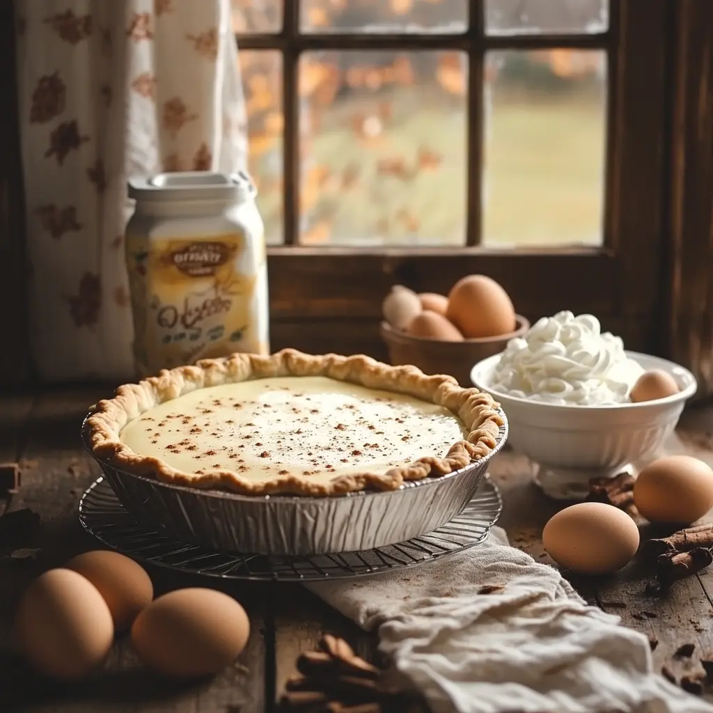 Egg nog pie cooling on a wire rack in a cozy kitchen setting with holiday ingredients