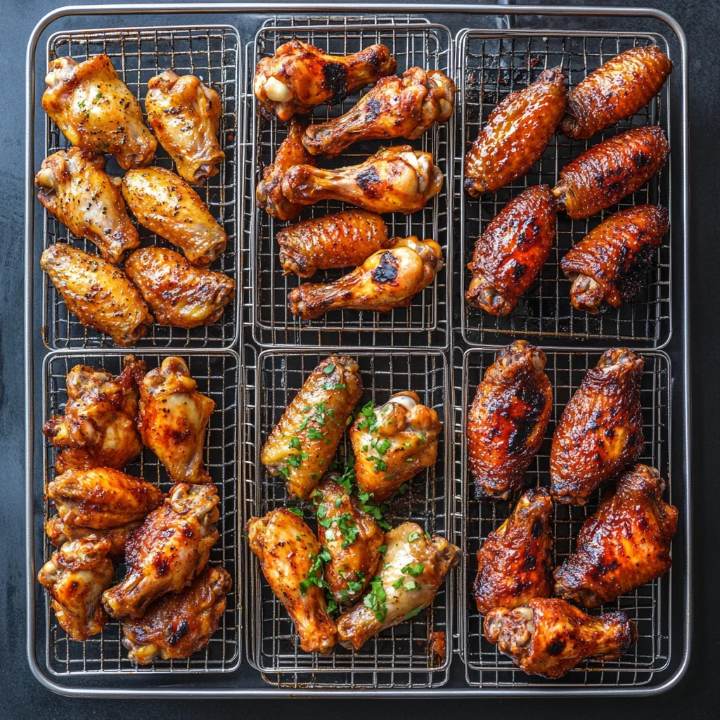 Baked, grilled, and fried chicken wings shown side by side.