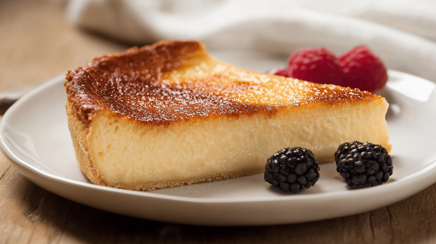 A beautifully plated custardy French dessert with caramelized crust, fruit accents, and a rustic table background.