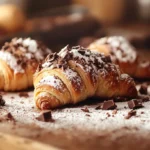 Freshly baked chocolate rugelach on a modern countertop, garnished with powdered sugar and chocolate shavings