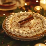 Egg nog pie garnished with whipped cream and nutmeg, displayed on a holiday-themed table