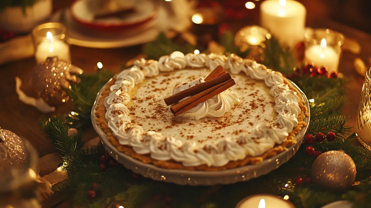 Egg nog pie garnished with whipped cream and nutmeg, displayed on a holiday-themed table