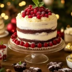 A beautifully arranged holiday dessert table featuring layered cake, mousse cups, and decorated cookies with festive garnishes