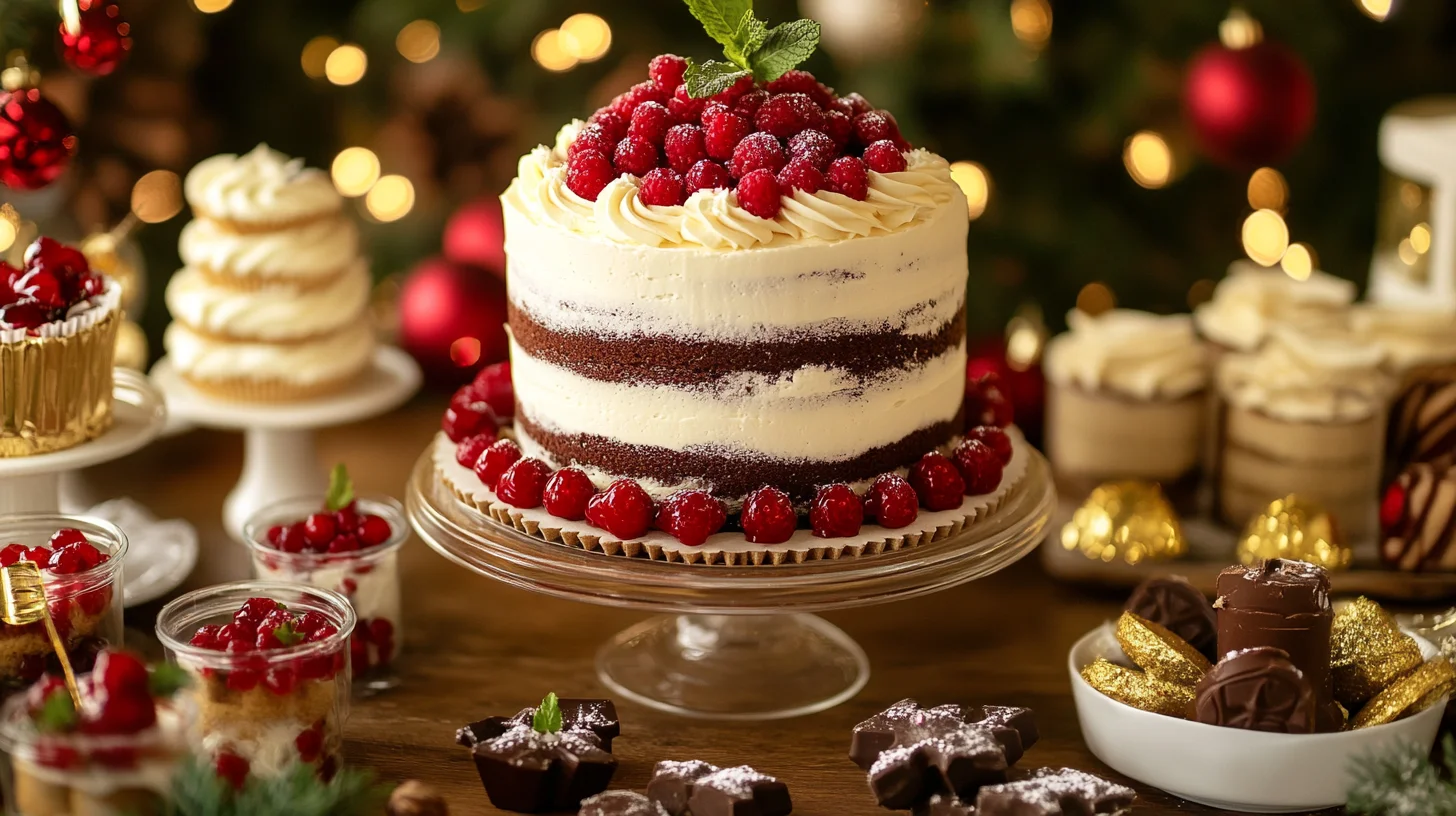 A beautifully arranged holiday dessert table featuring layered cake, mousse cups, and decorated cookies with festive garnishes