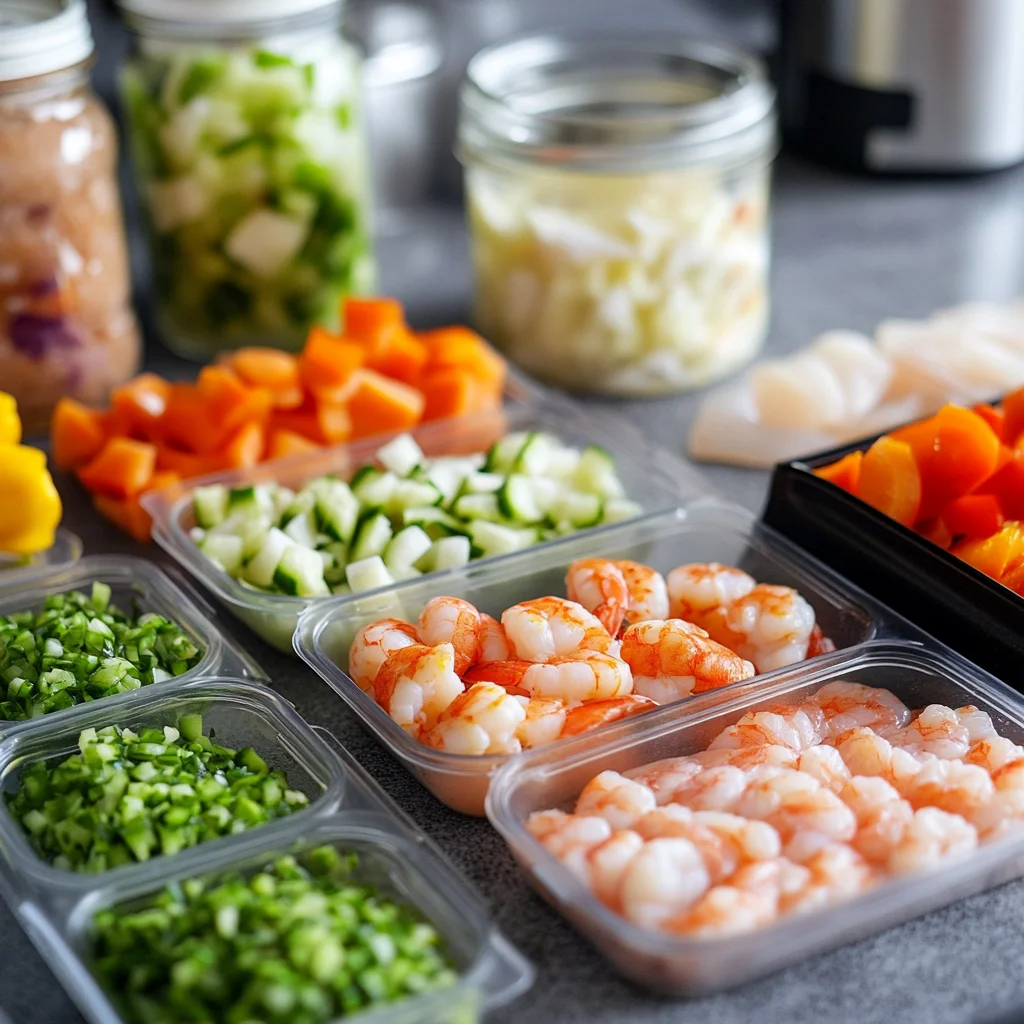 Step-by-step process of preparing homemade fish food, with shrimp, vegetables, and fish fillets arranged on a countertop, ready to be blended and molded