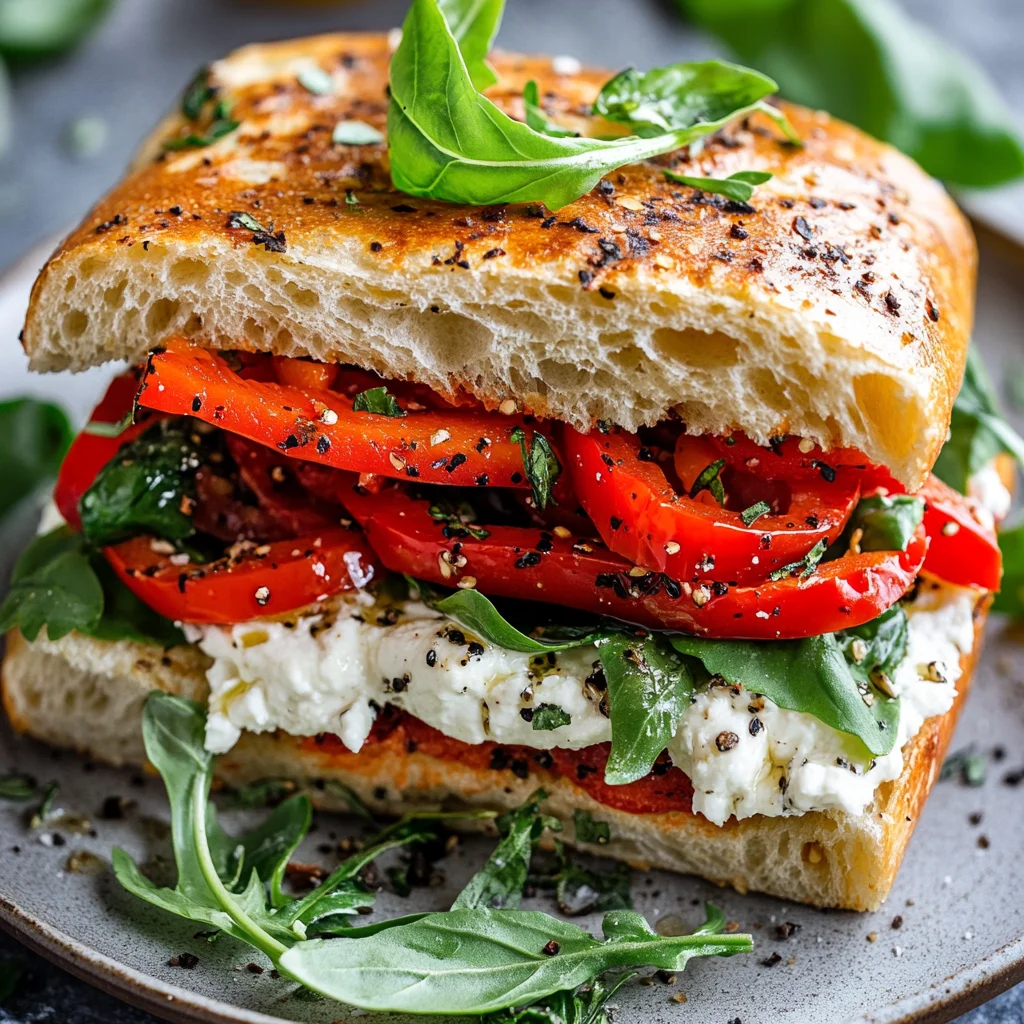 Focaccia bread topped with herbs, sliced and used as the base for a delicious sandwich with vegetables and cheese