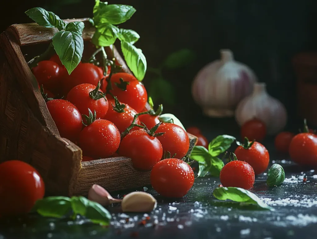 Fresh cherry tomatoes with basil leaves and garlic cloves in a rustic setup