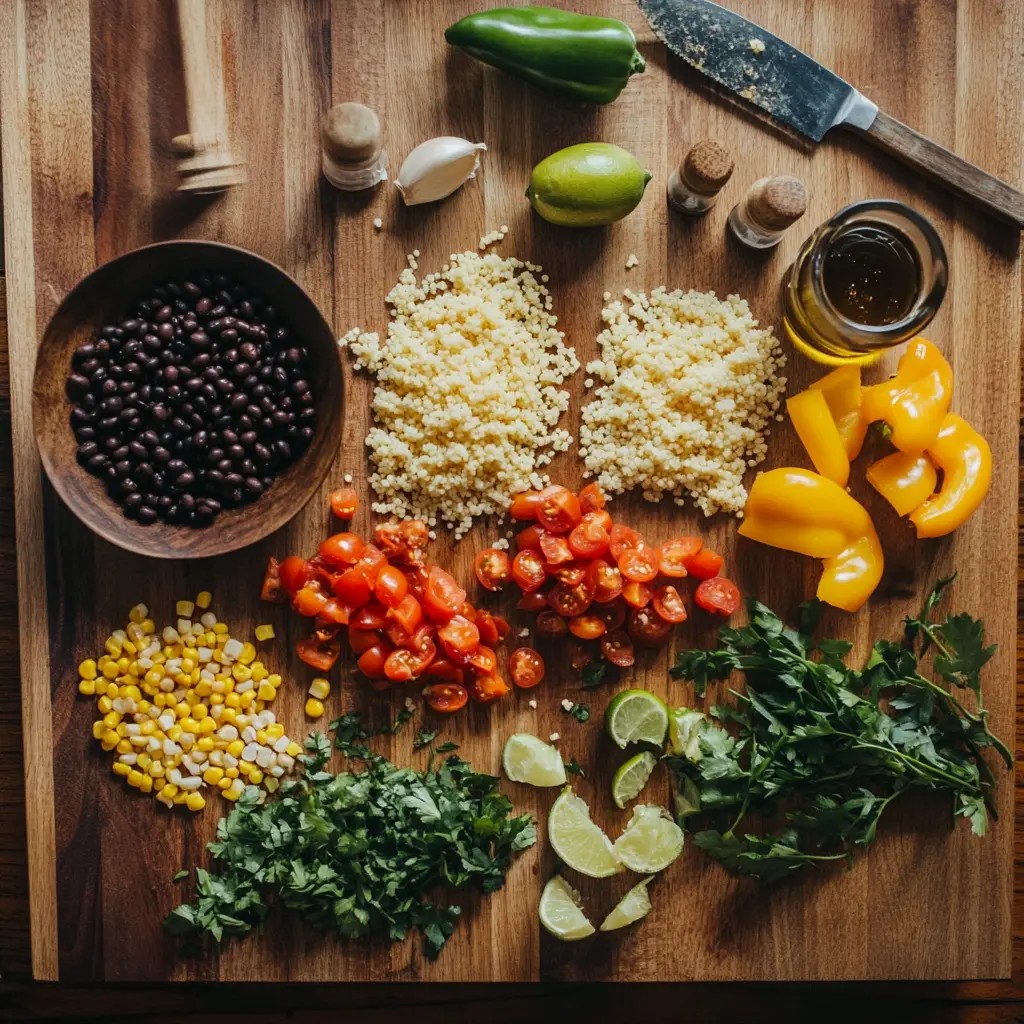 Ingredients for cowboy caviar couscous salad laid out on a wooden countertop, including peppers, tomatoes, beans, and corn