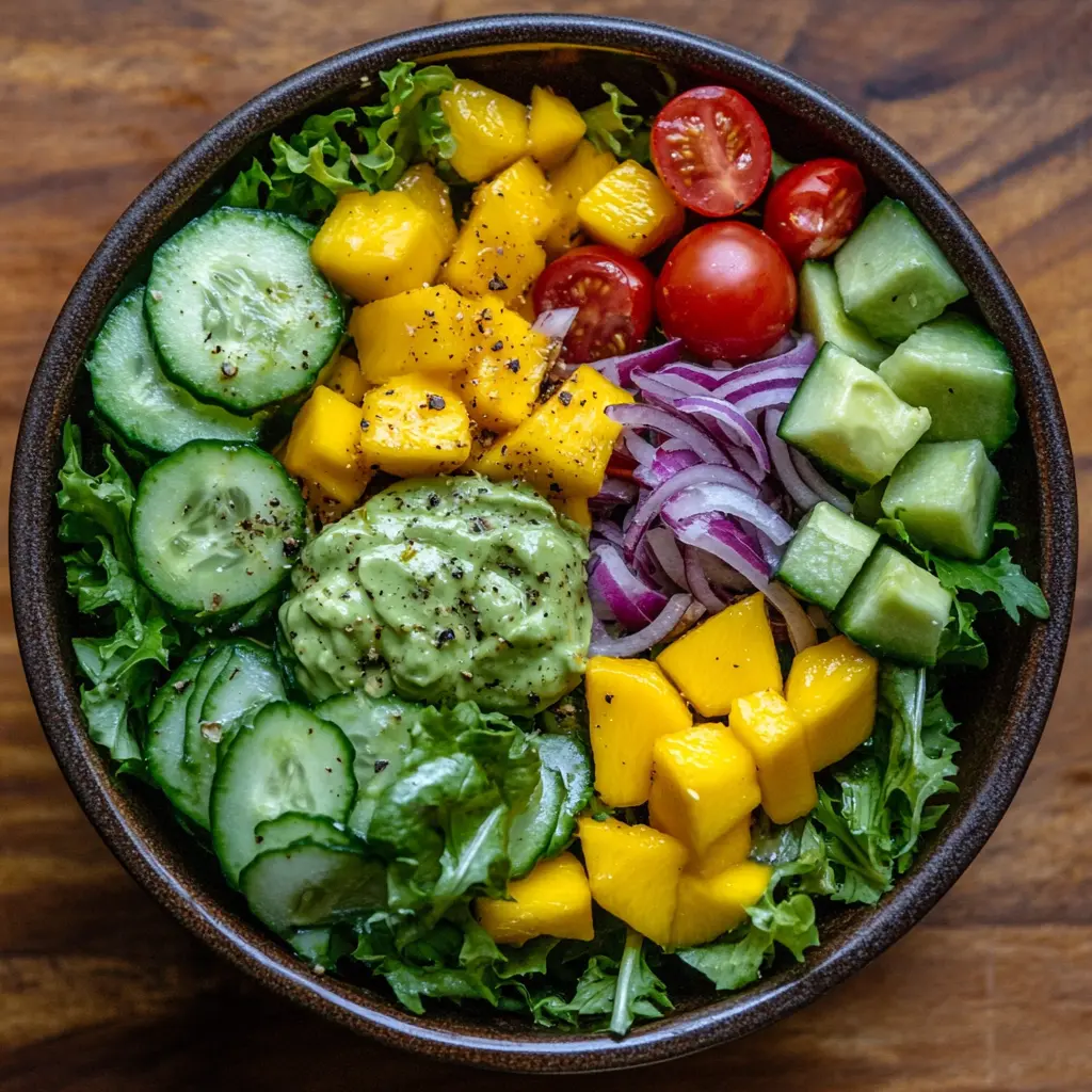 Vibrant salad with greens, cherry tomatoes, cucumbers, red onions, and mango slices with avocado dressing