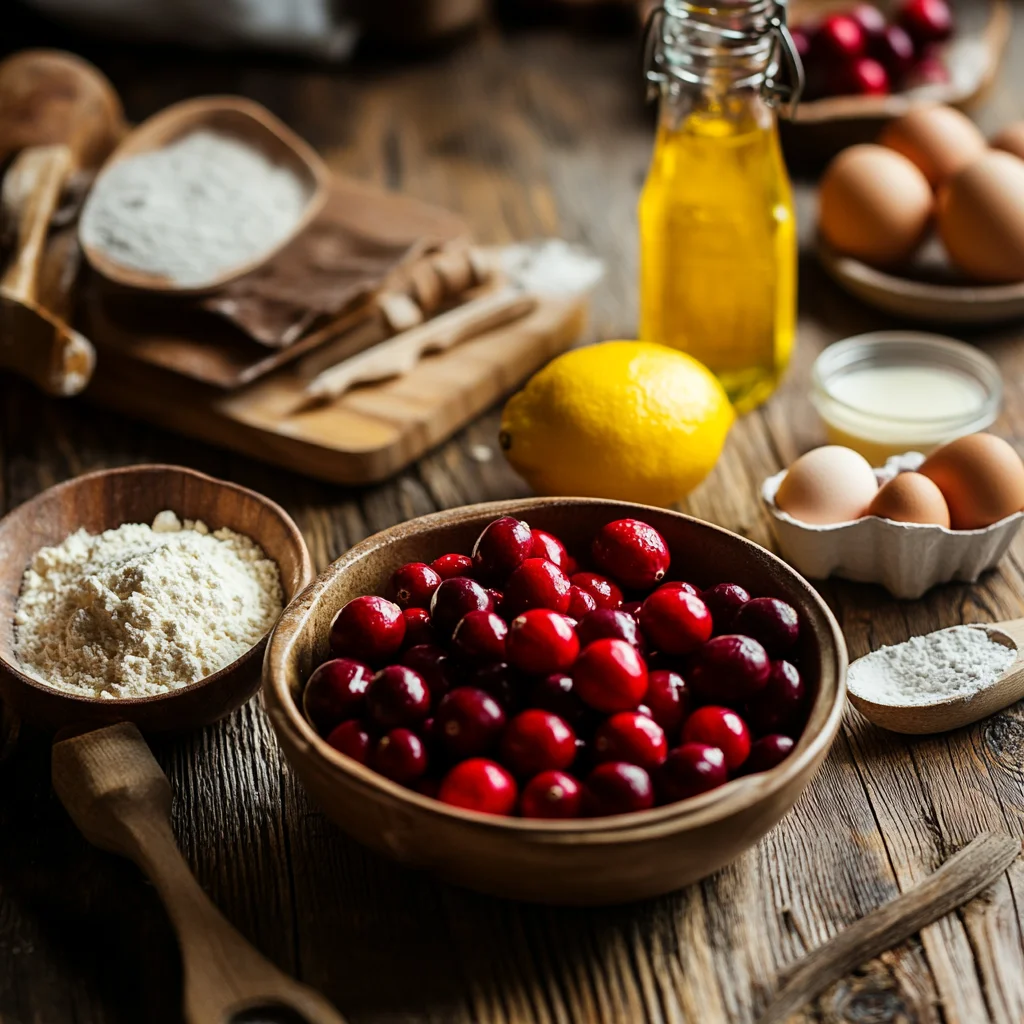 Fresh ingredients for Lemon Cranberry Bread on a wooden kitchen table: cranberries, lemons, flour, sugar, eggs, buttermilk, vegetable oil, and baking powder in rustic kitchen setting