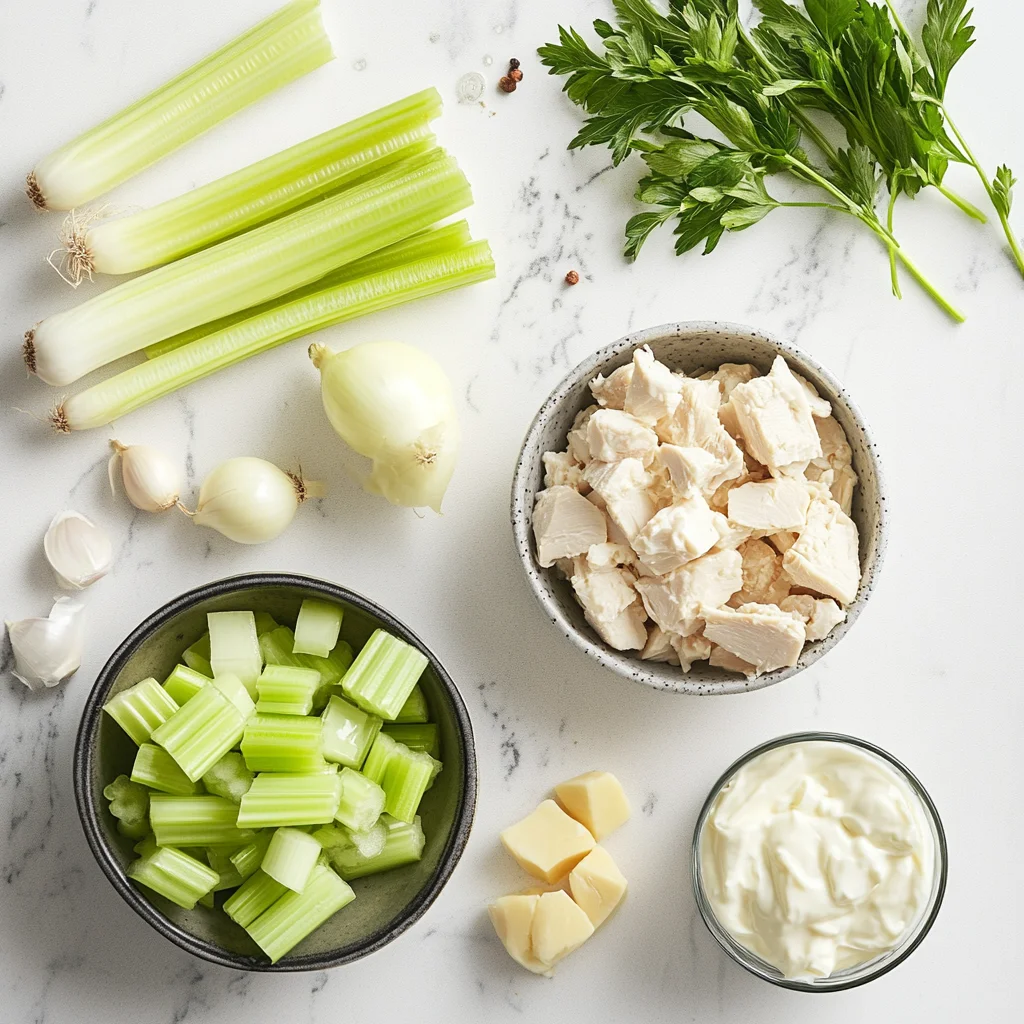 Fresh ingredients for canned chicken salad, including canned chicken, celery, onions, and mayonnaise, arranged neatly on a kitchen counter