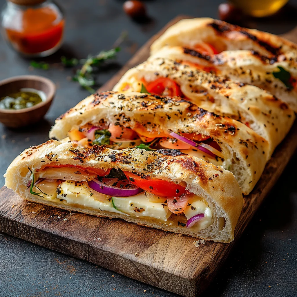 Freshly baked sandwich focaccia bread with golden crust, ready for sandwich fillings like meats, vegetables, and cheese