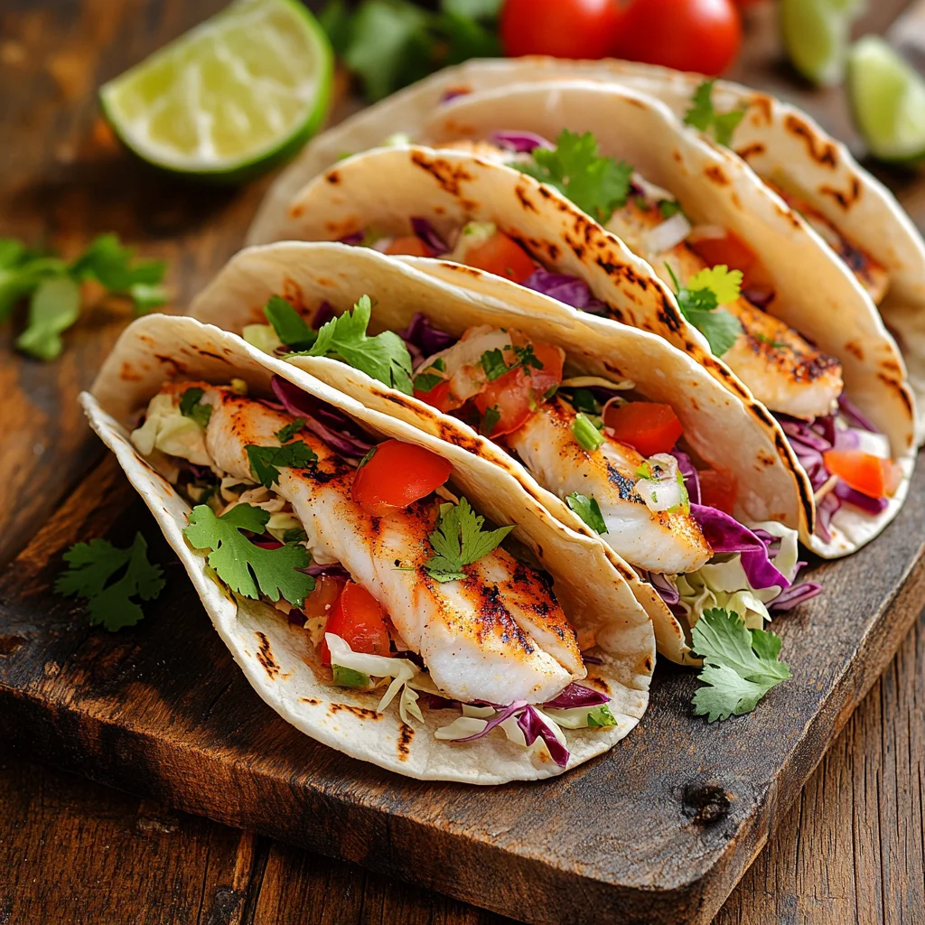 Grilled fish tacos with chipotle-lime dressing, garnished with fresh cilantro, diced tomatoes, shredded cabbage, and lime wedges