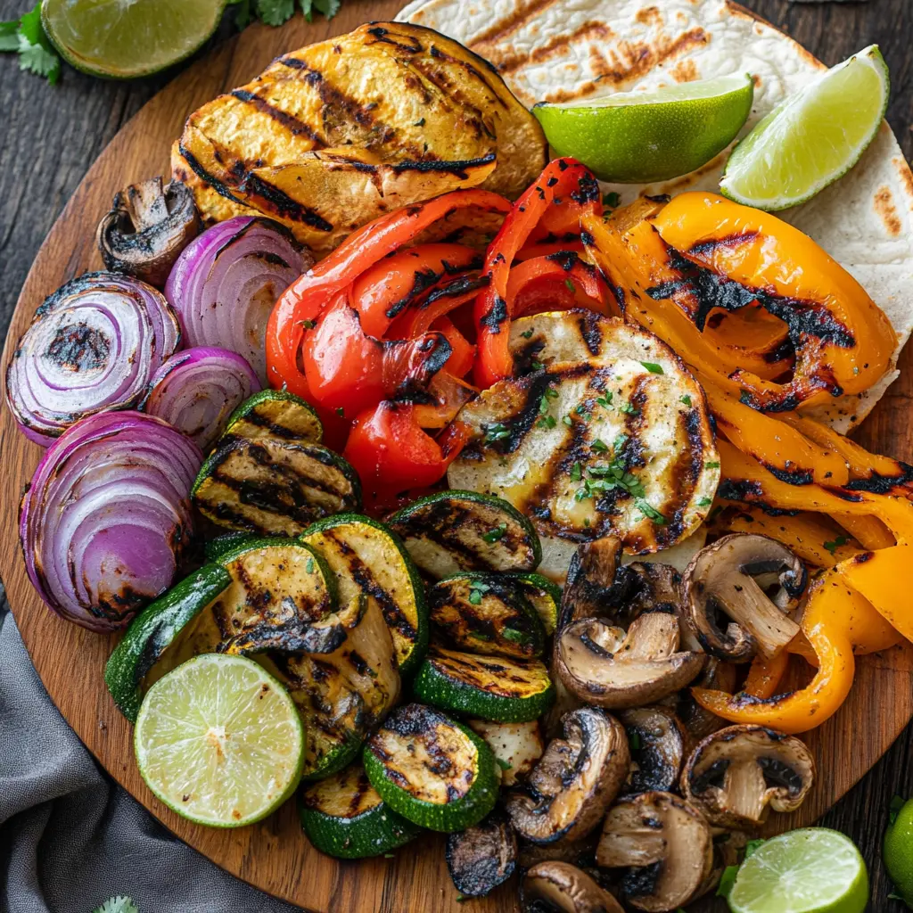 Platter of grilled zucchini, bell peppers, onions, and mushrooms garnished with lime wedges