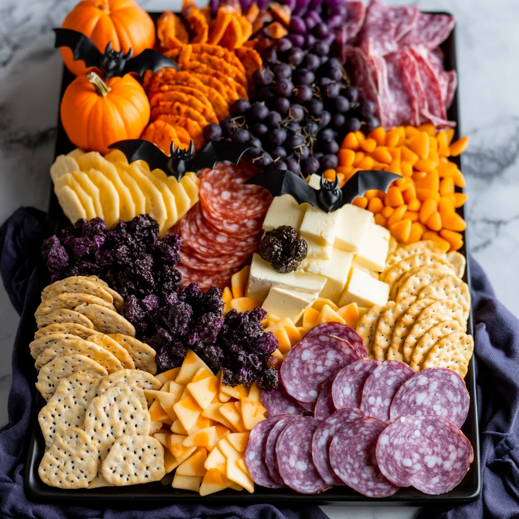 Close-up of a Halloween charcuterie board with vibrant oranges, black olives, and festive candy accents, arranged in a spooky, creative design for a Halloween party